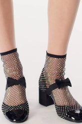 Suede Patent Diamante Fishnet Bow-Embellished Mary Jane Ankle Boots - Black & Silver
