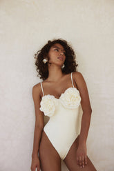 3D Flower Retro Bustier One Piece Swimsuit - Cream
