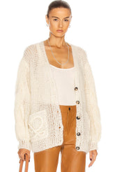 Mohair-Blend Balloon Sleeve Button Up Pouch-Pocket V Neck Cardigan