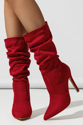 Faux Suede Pointed Toe Knee High Ruched Mid Heeled Boots - Red