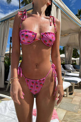 Strawberry Underwire Balconette Tie Up Bikini Set - Hot Pink