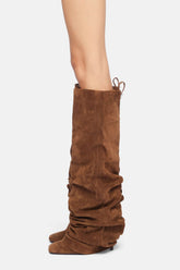 Faux Suede Square Toe Folded Knee High Stiletto Boots - Brown