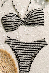 Black White Striped Textured Bandeau Hater Bikini Set
