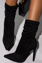 Faux Suede Ruched Detailed Mid-Calf Slouch Stiletto Heel Boots
