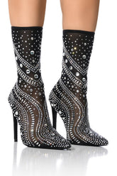 Crystal-Embellished Mesh Mid-Calf Pointed Toe Stiletto Heel Bootie