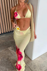 Floral Print Triangle Halter High-Cut Bikini Set & Maxi Skirt