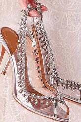 Transparent Crystal Embellished Pvc Open Toe Slingback Pump Heels