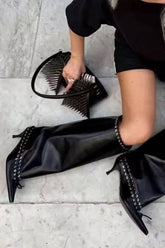 Faux Leather Pointed Toe Laced Eyelet Knee High Boots