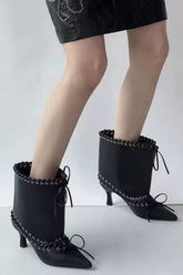 Faux Leather Pointed Toe Ankle Stiletto Boots With Lacing Details