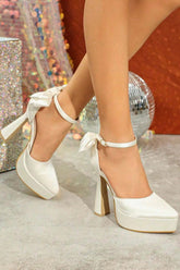 Bow Embellished Satin Double Platform Pointy Block Heel Ankle Pumps