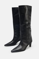 Black Croc Knee High Kitten Heel Boots