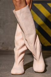 Faux Suede Slip-On Knee-High Boots - Beige
