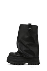 Faux Leather Fold Over Round Toe Chunky Platform Boots - Black