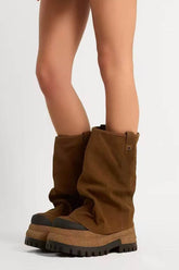 Faux Suede Fold Over Round Toe Chunky Platform Boots - Brown