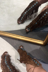 Studded Fringe Lace Up Stiletto Heel Sandal
