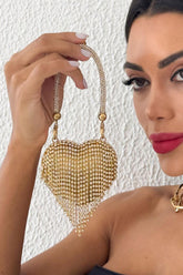 Rhinestone Heart-Shaped Evening Mini Clutch Bag With Fringe