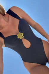 Cutout One-Piece Swimsuit With Flower Gold Hardware