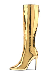 Chrome Pointed Toe Knee High Boots