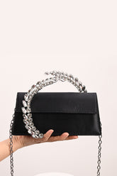 Crystal-Embellished Spiral Handle Satin Evening Clutch