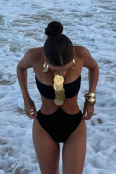 Halterncek Cut-Out One Piece Swimsuit With Metallic Medals Details