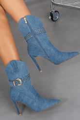Denim Western Cowboy Pointed Toe Ankle Stiletto Boots With Buckle