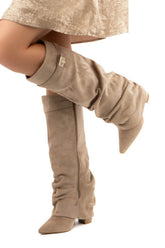 Faux Suede Slouchy Fold Over Metal Lock Detail Pointed Toe Knee High Boots