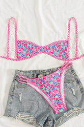 Floral Micro Bralette High-Cut Bikini Set With Orange Stripe Binding