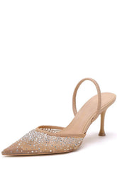 Mesh Diamante Embellished Slingback Pointed Toe Kitten Heels