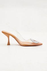 Rhinestone Embellished Clear Perspex Pointed Toe Slingback Court Heel Sandals