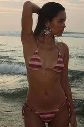 Multi-Colour Horizontal Striped Print Triangle Halter Tie Side Bikini Set With Beads Detailing