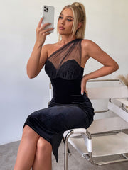 One Shoulder Velvet Pencil Dress