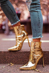 Metallic Gold Pointed Stiletto Heeled Ankle Boots