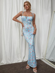 Tie Shoulder Floral Print Mermaid Prom Dress