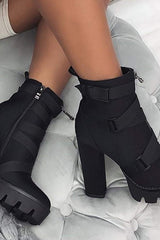 Black Zip Chunky Buckle Platform Ankle Boots