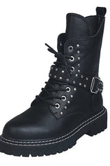 Black PU Lace-up Combat Boots With Rivet