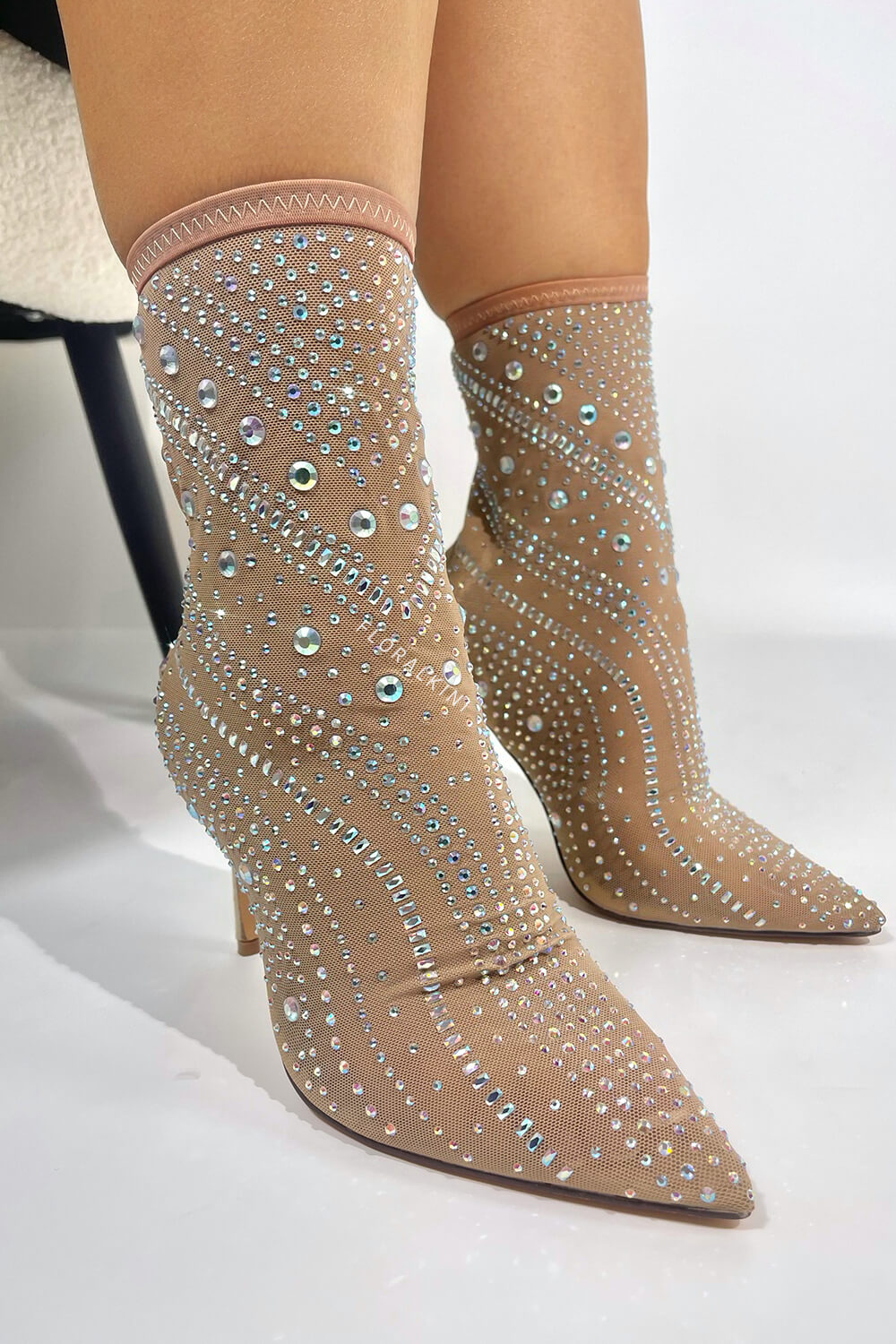 Crystal-Embellished Mesh Mid-Calf Pointed Toe Stiletto Heel Bootie