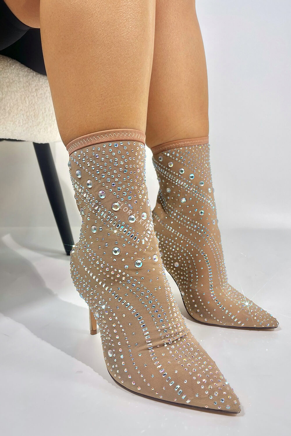 Crystal-Embellished Mesh Mid-Calf Pointed Toe Stiletto Heel Bootie