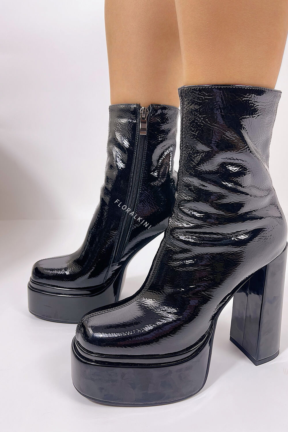 Calf Leather Double Platform Block Heel Ankle Boots