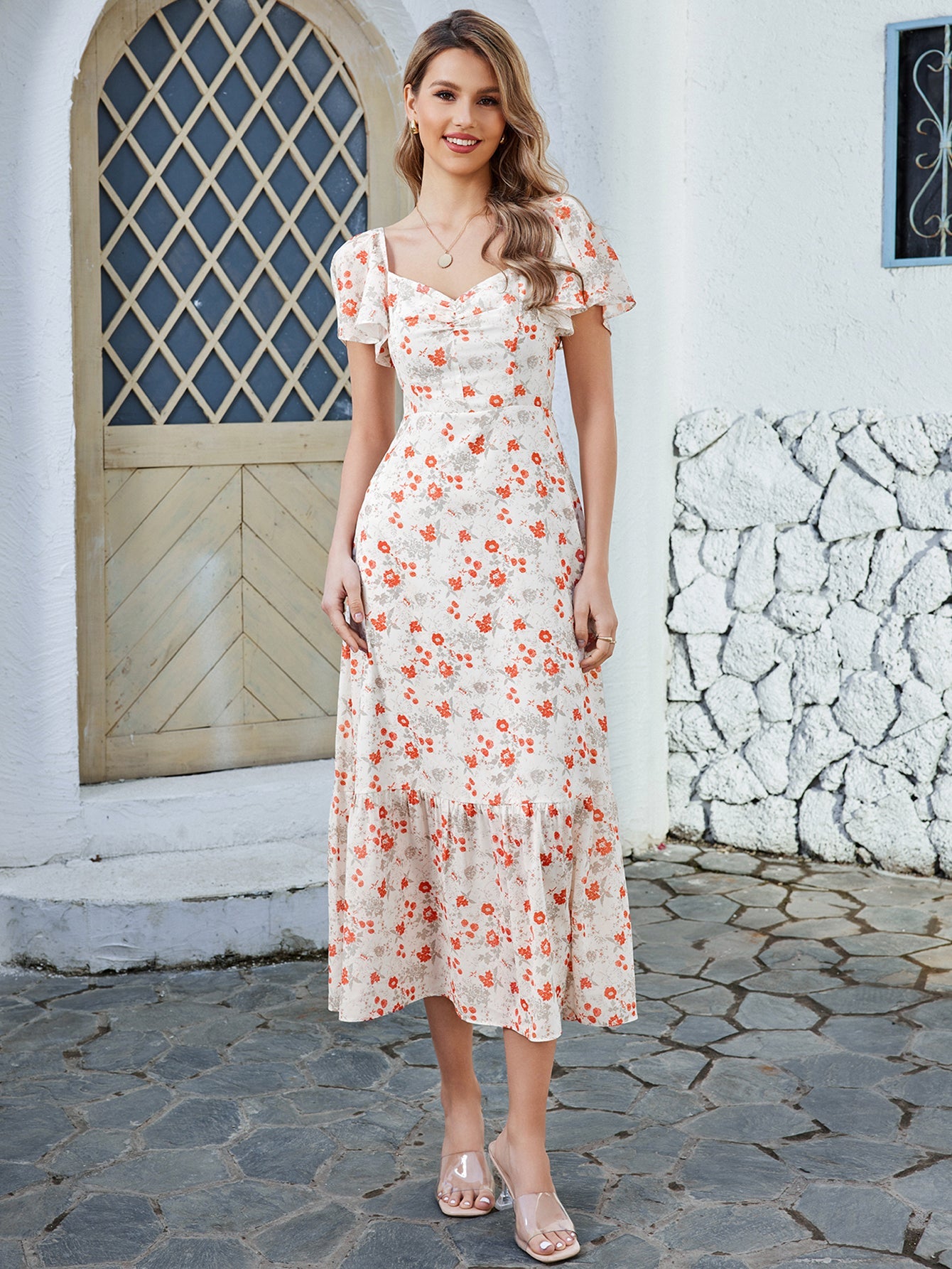 Floral V-neck Short Sleeve Dress
