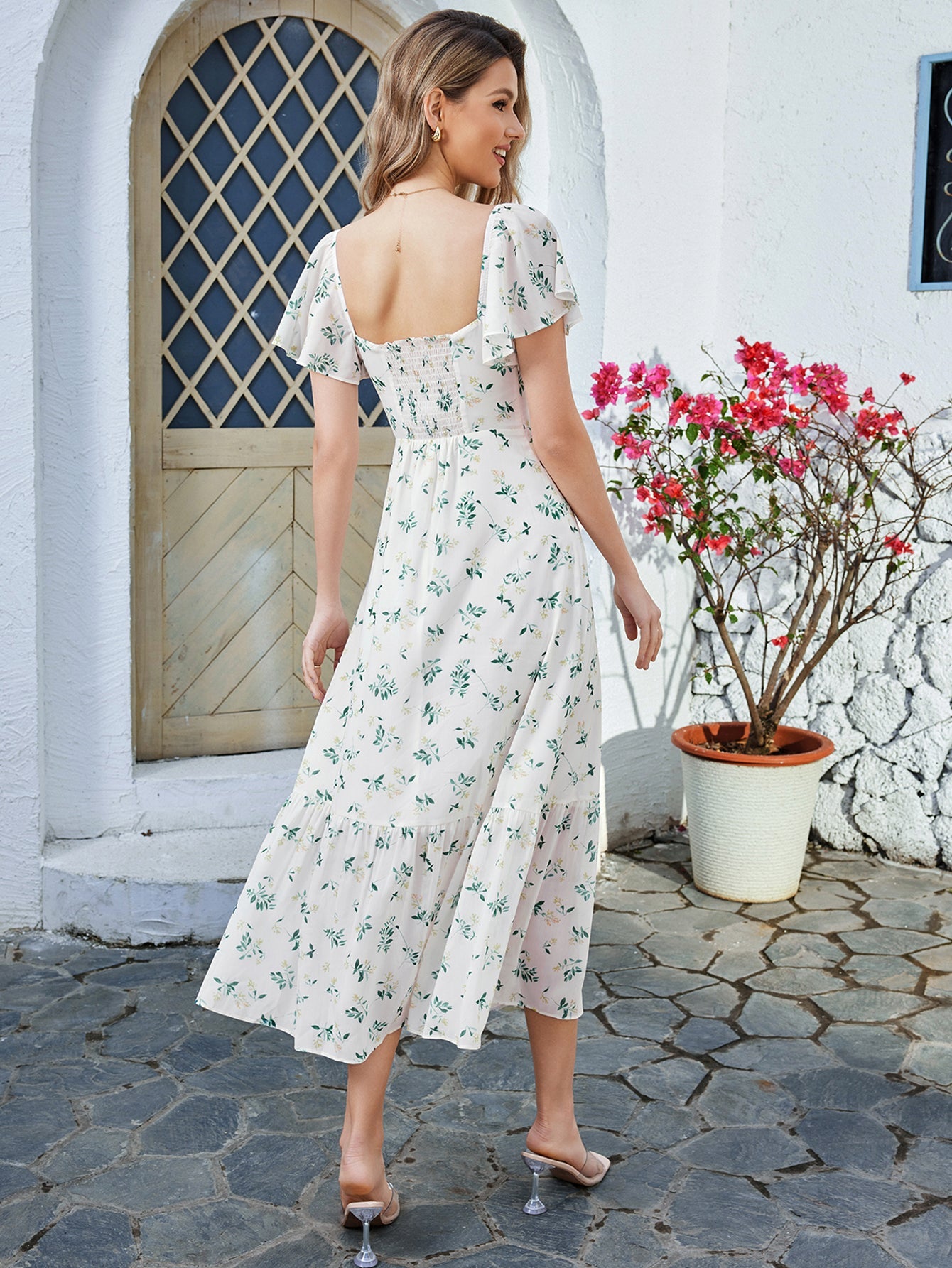 Floral V-neck Short Sleeve Dress