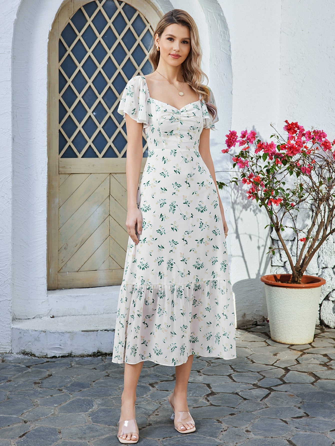 Floral V-neck Short Sleeve Dress