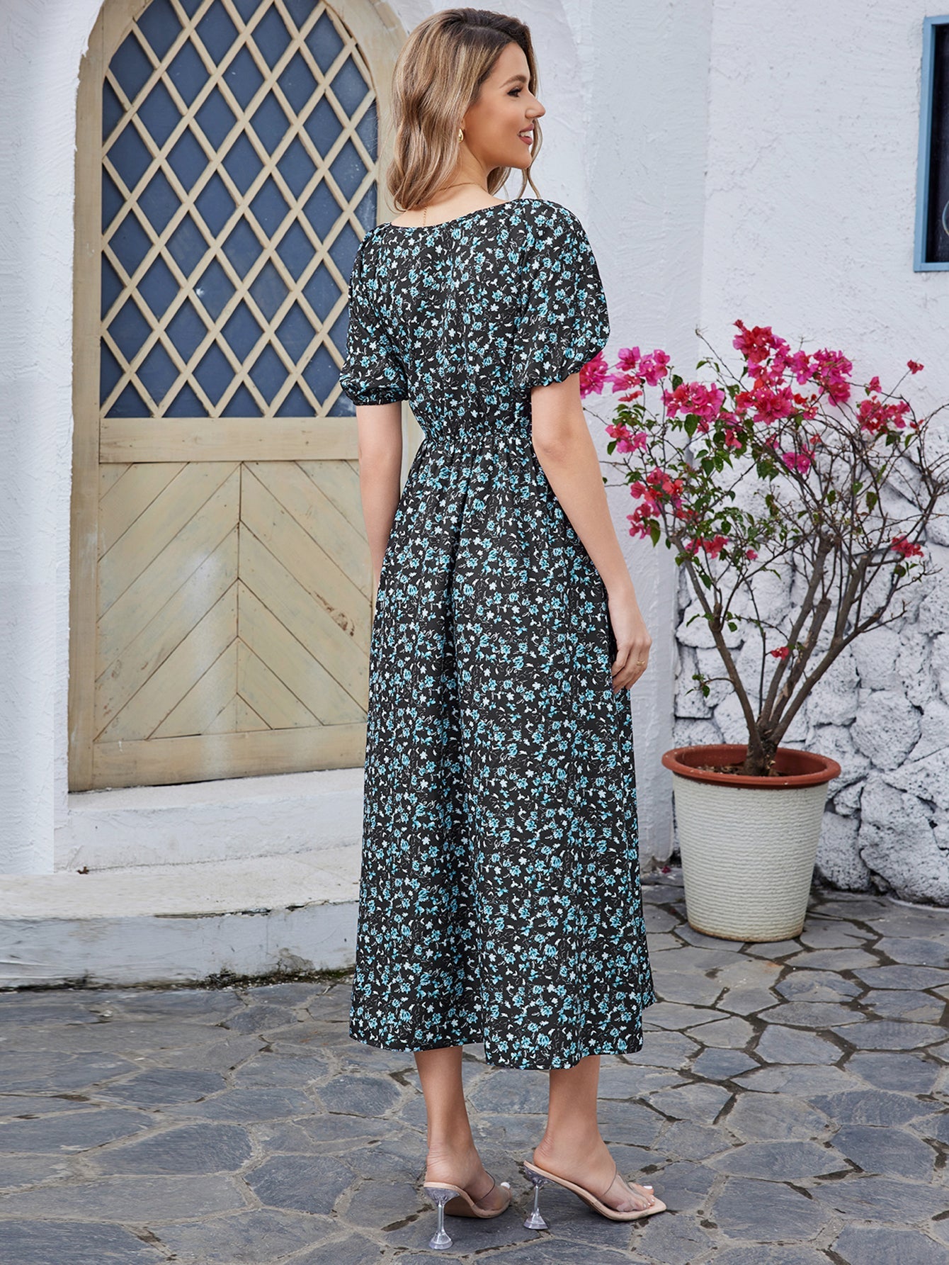 Floral High-waisted Short-sleeved V-neck Midi Dress