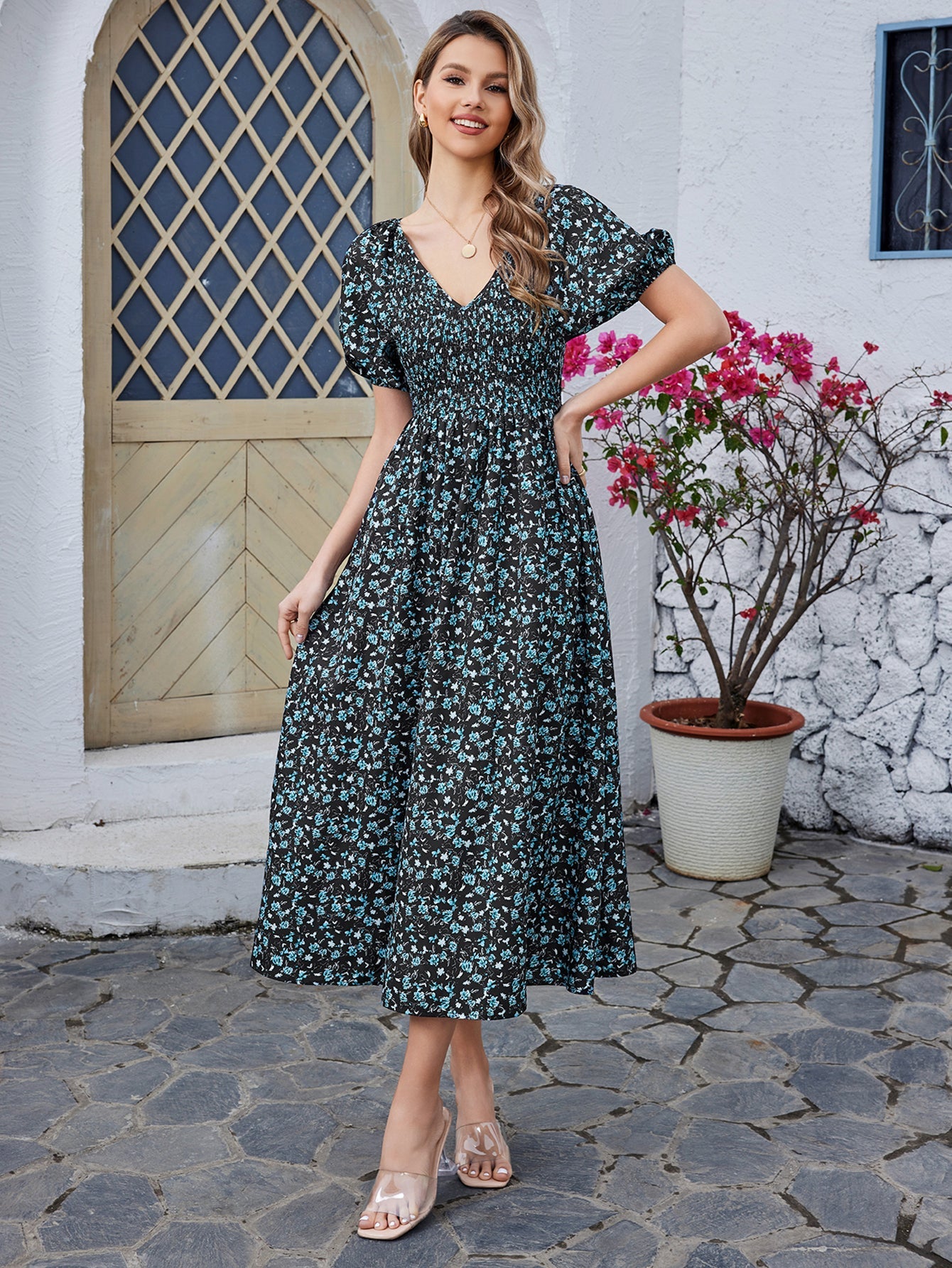 Floral High-waisted Short-sleeved V-neck Midi Dress