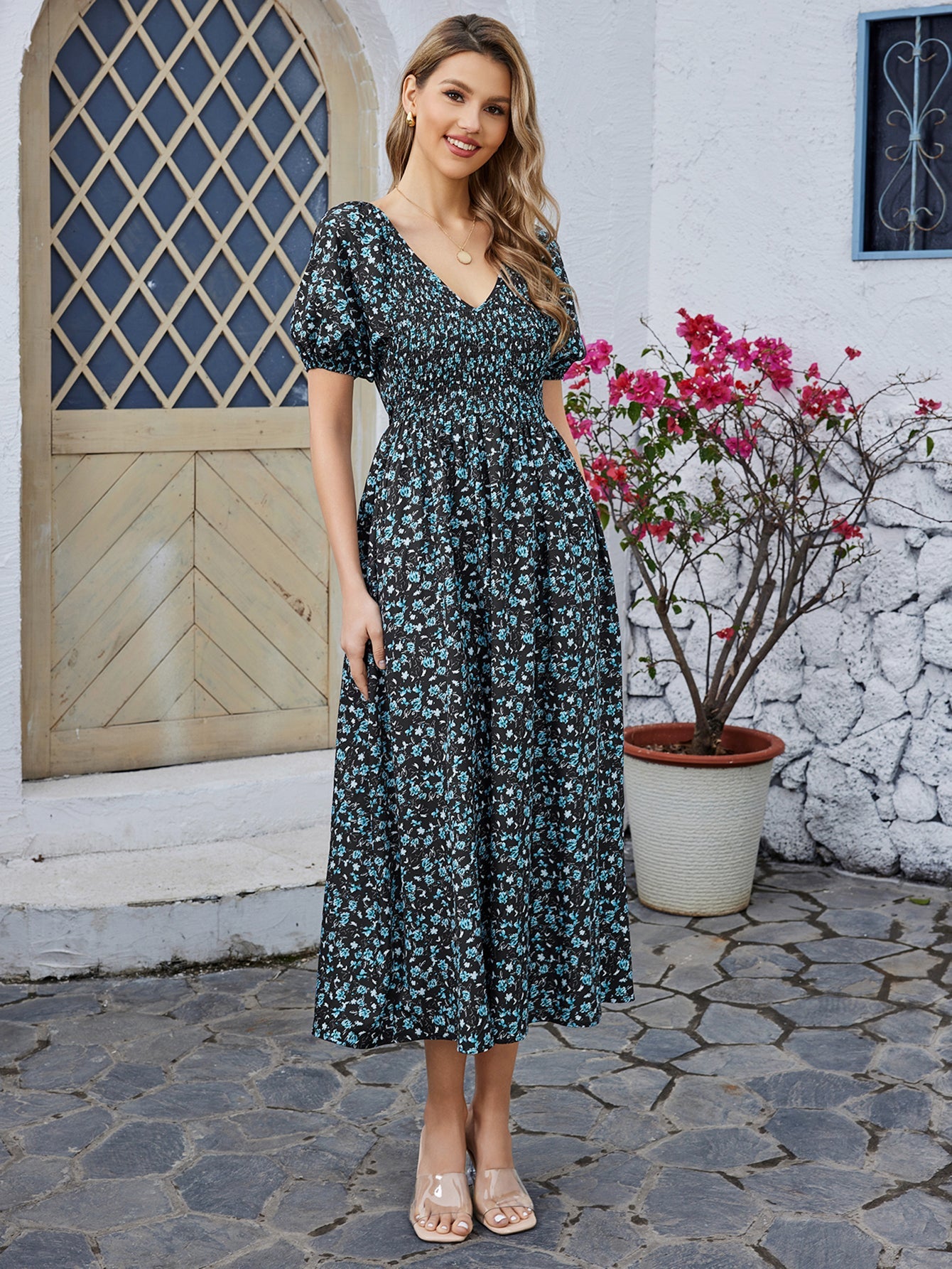 Floral High-waisted Short-sleeved V-neck Midi Dress