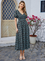 Floral High-waisted Short-sleeved V-neck Midi Dress