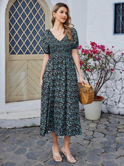 Floral High-waisted Short-sleeved V-neck Midi Dress