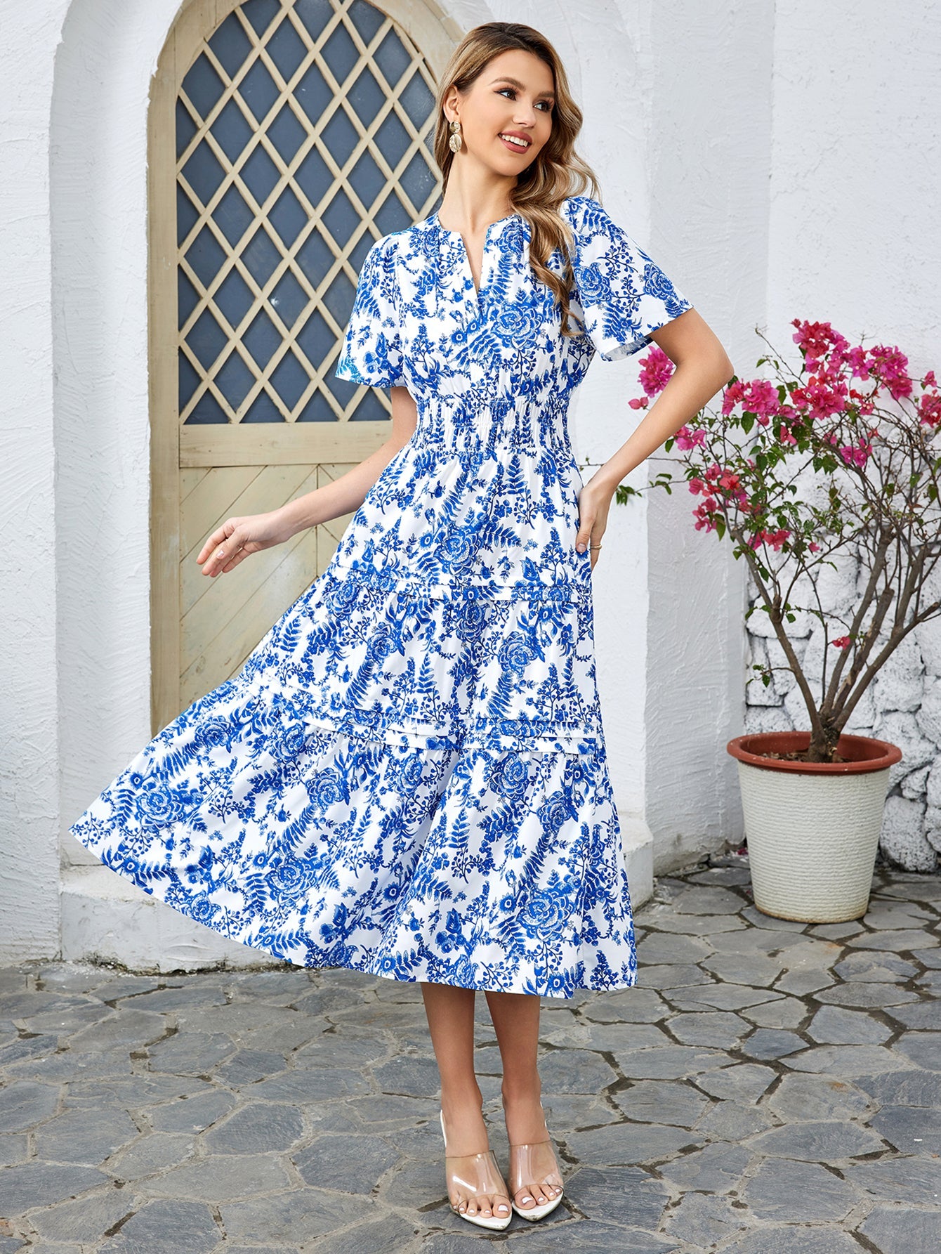 Print Short-sleeved Midi Dress