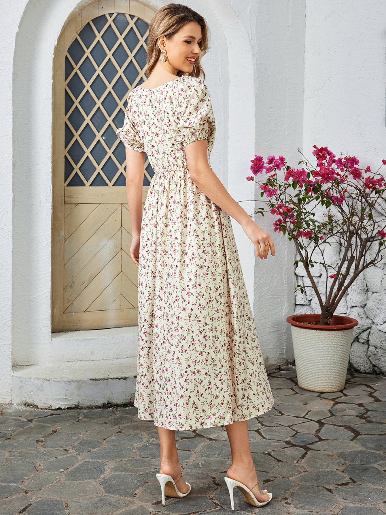 Floral High-waisted Short-sleeved V-neck Midi Dress