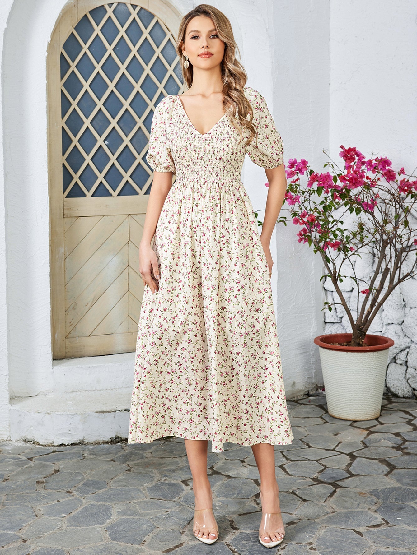 Floral High-waisted Short-sleeved V-neck Midi Dress