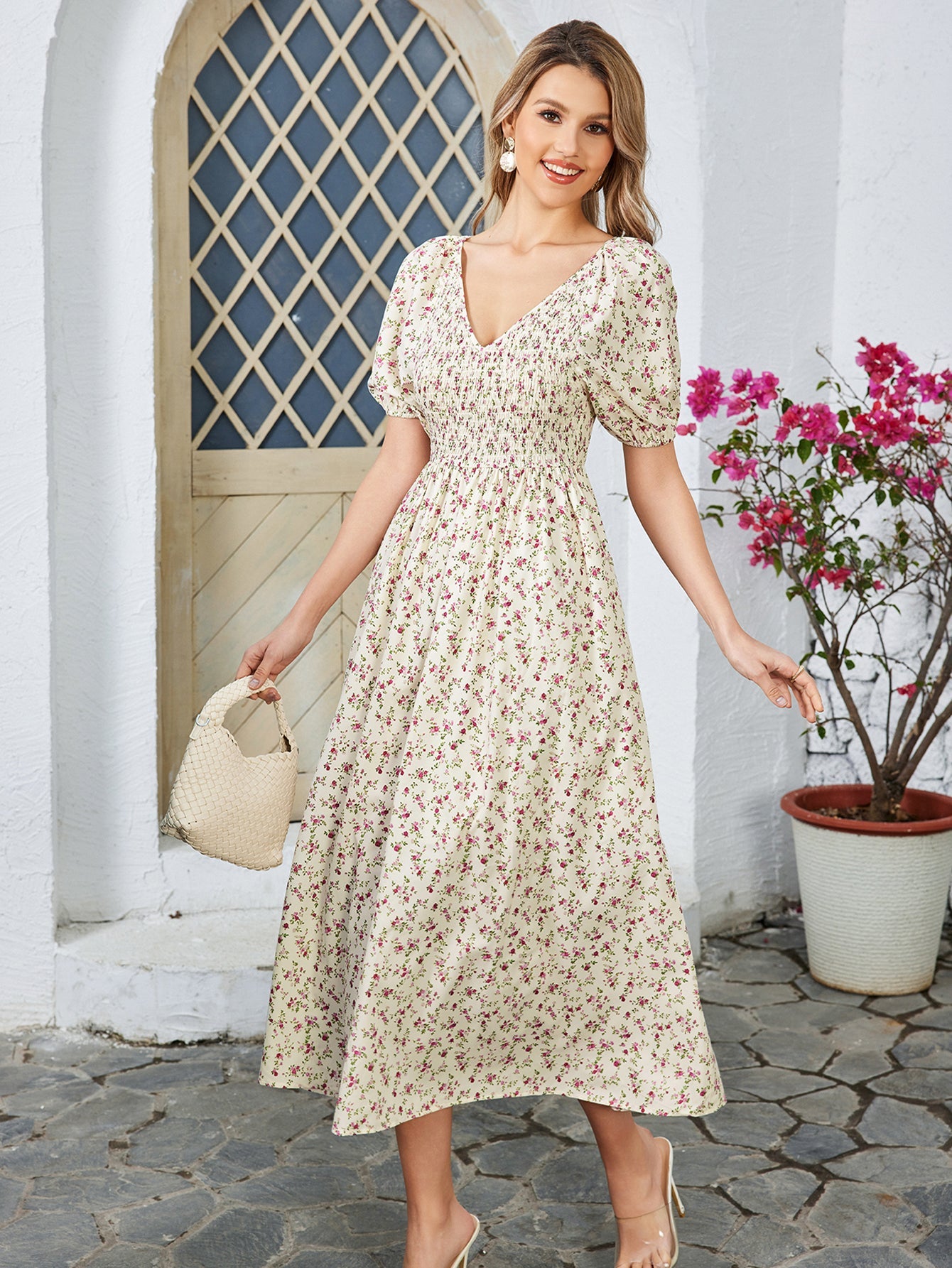 Floral High-waisted Short-sleeved V-neck Midi Dress